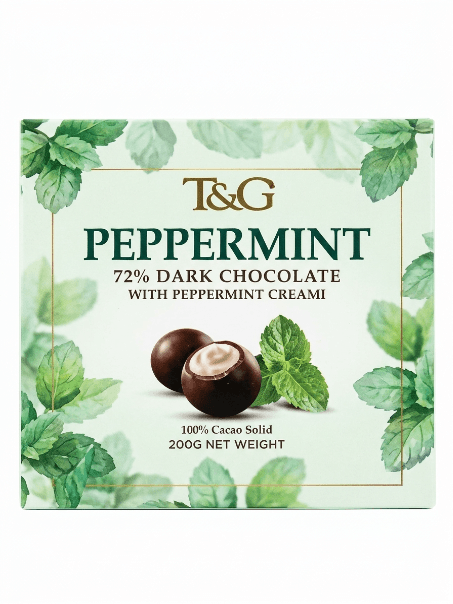 T&G 72% DARK CHOCOLATE  WITH PEPPERMINT CREAMS